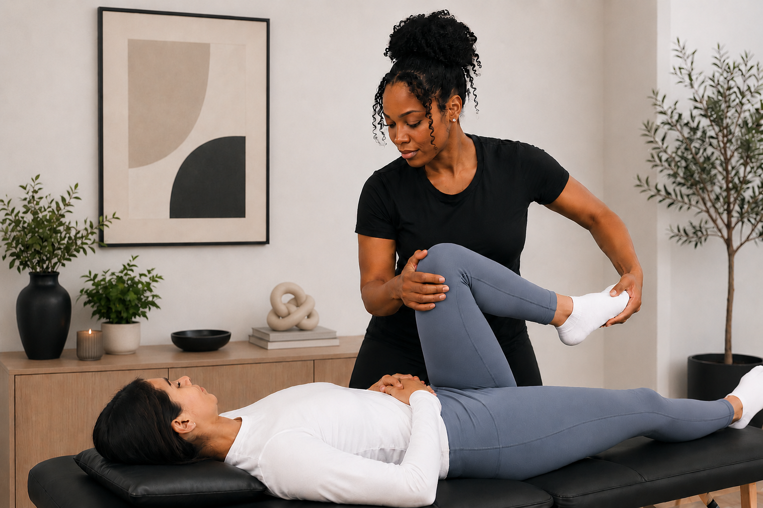 Practitioner assisting a client with a lower-body stretch in a clean, modern space