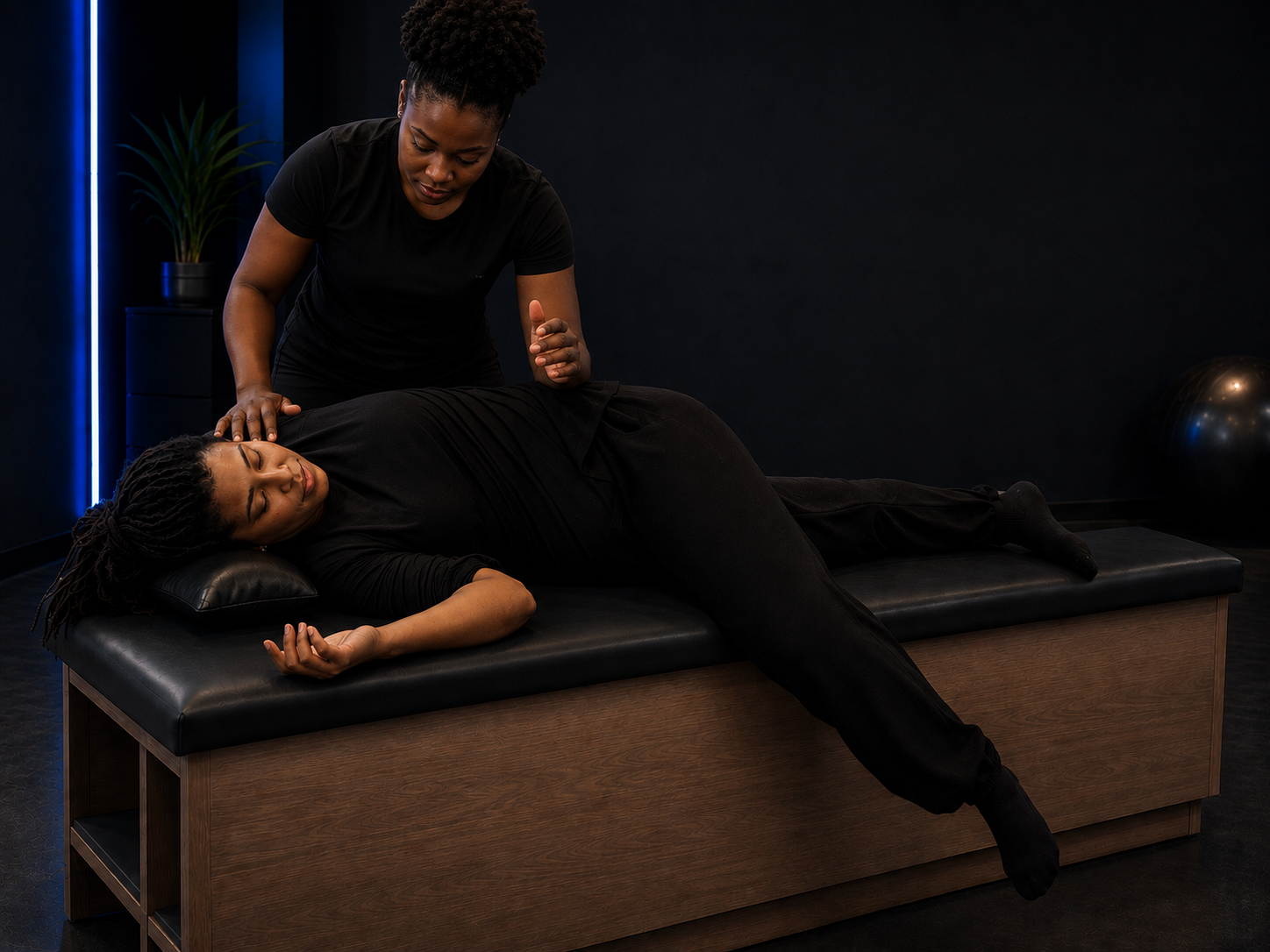 Practitioner guiding a client through a side-lying mobility stretch